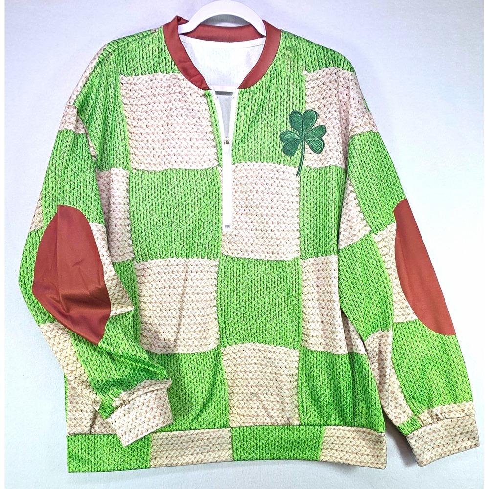 1/4 Zip Men's Pullover Sweater Green w/ Clover Sz L Mock knit, Irish, St Patrick